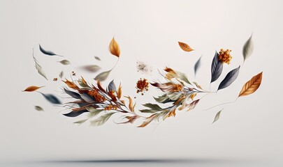  a bunch of leaves floating in the air with a white background and a light gray background with a light gray background and a white background.  generative ai