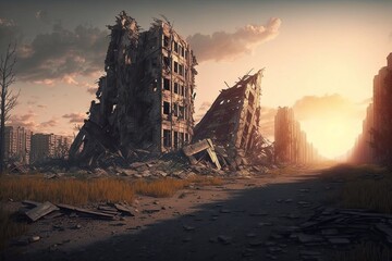 Ruined city, Destroyed buildings. Post apocalyptic. Generative AI
