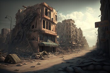 Fototapeta premium Ruined city, Destroyed buildings. Post apocalyptic. Generative AI 