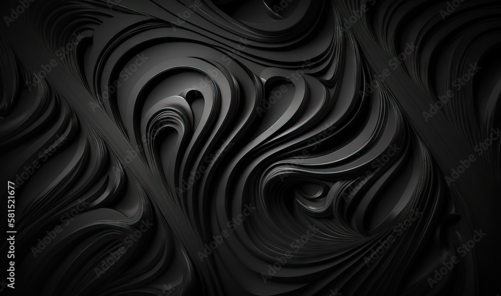 Poster an abstract black background with wavy lines and curves in the center of the image, with a black bac