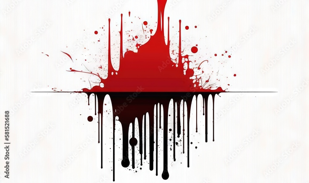 Poster a red and black paint splattered on a white background with a black and white stripe in the center o