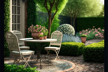 Garden table and chairs on the patio in front of the house. Landscape design, AI generated