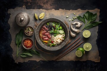 Fototapeta na wymiar Top view of an Asian dish with a variety of components on a rustic stone background. Thai and Vietnamese food. Generative AI