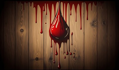  a blood drop hanging from a wooden wall with red paint dripping down the side of the wall and a wooden planked wall behind it.  generative ai