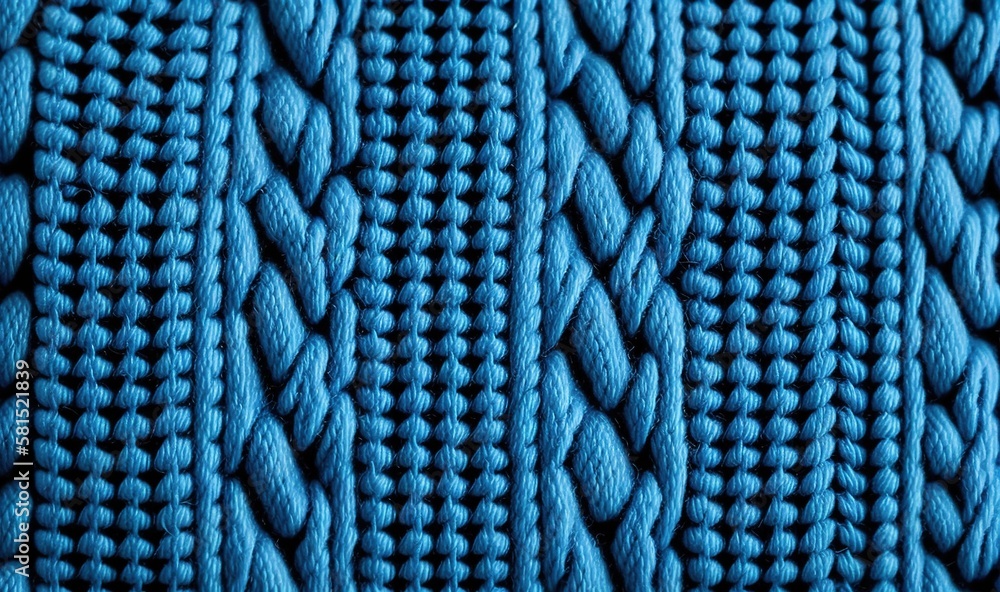Poster a close up of a blue knitted material with a diamond pattern on it's side and a black background wit