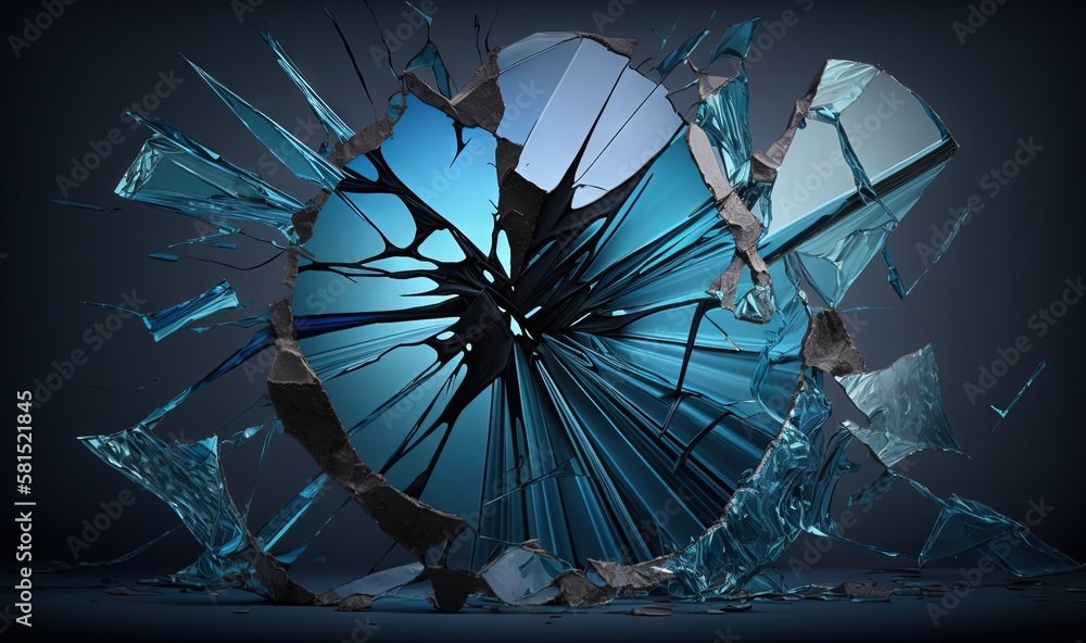 Poster a broken glass window with a blue background and a black background with a blue circle in the center