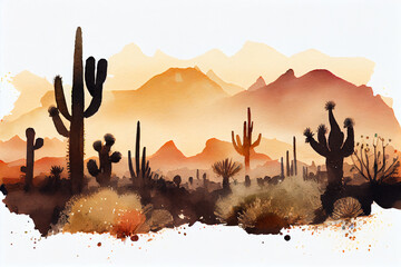 Desert landscape with silhouettes of cacti hills.