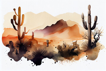 Desert landscape with silhouettes of cacti hills.