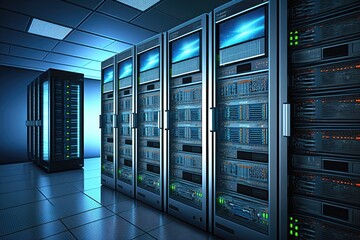 Naklejka premium Computers for digital TV, IP communications, and the internet are housed in a network server room. Generative AI
