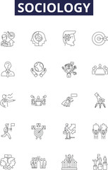 Sociology line vector icons and signs. Culture, Structures, Organizations, Norms, Values, Socialization, Relationships, Institutions outline vector illustration set