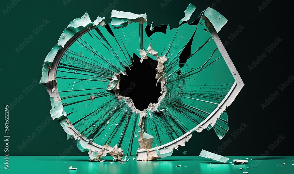 Poster a broken green glass with a hole in the middle of it that has been shattered and is sitting on a gre