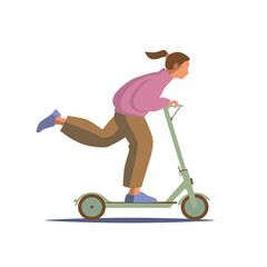 Girl riding a kick scooter flat vector illustration
