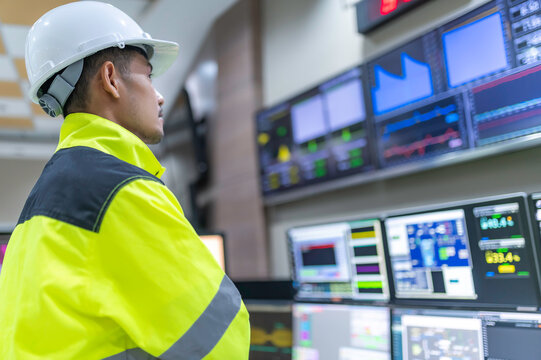 Engineer working at control room,Manager control system,Technician man monitoring program from a lot of monitor
