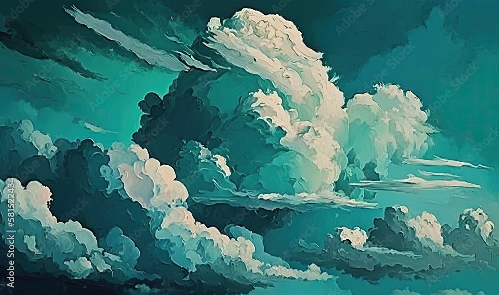 Poster a painting of clouds in the sky with a blue sky in the background and a green sky in the foreground 