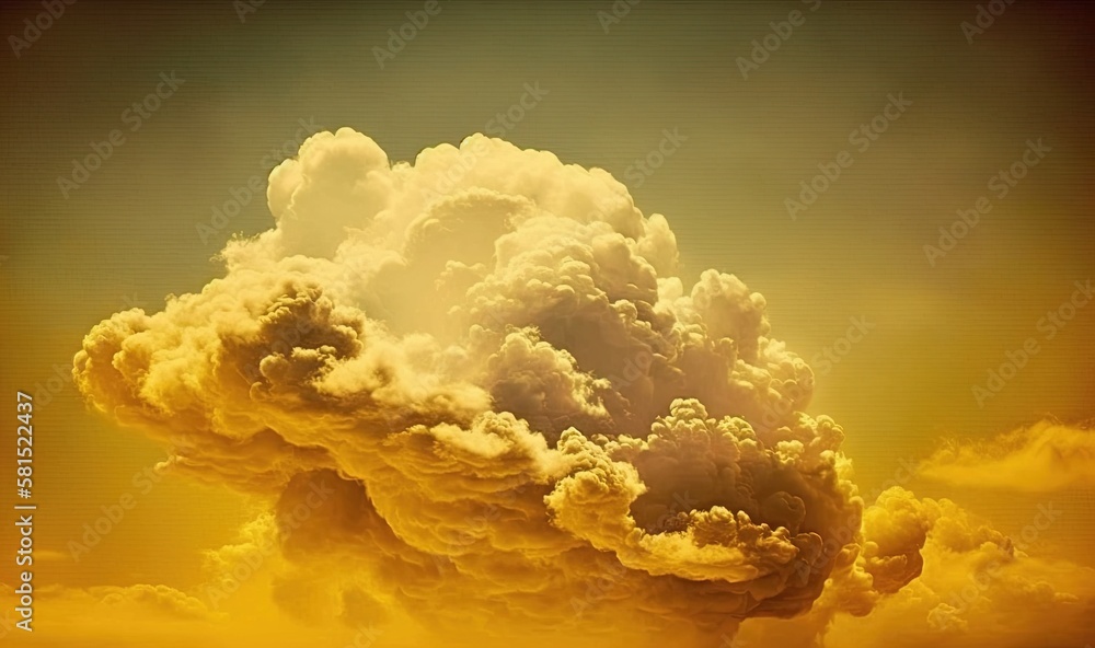 Poster a large cloud of smoke is in the sky above a field of grass and a building with a clock on it's side