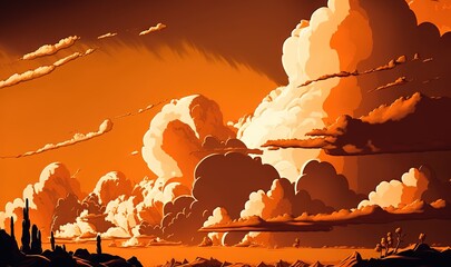  a painting of a sunset with clouds in the sky and a cactus in the foreground with a sky full of orange and white clouds.  generative ai