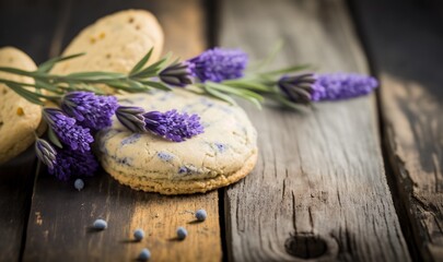 Obraz na płótnie Canvas a cookie with lavender flowers on a wooden table with a sprig of lavender on top of it and a few other cookies on the table. generative ai