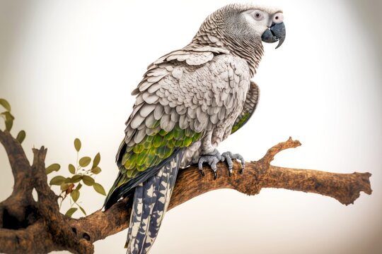 large gray parrot on white sitting with its feet on branch, created with generative ai