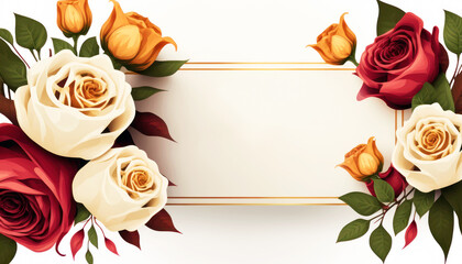 Rose flower frame for Mother’s day, International Women's Day, 8 March, Valentine's Day, wedding background. Red and white roses on white background. AI generative.