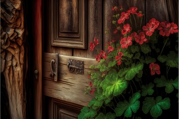 Naklejka na ściany i meble closeup of a wooden door in a garden with colorful geranium, AI generated