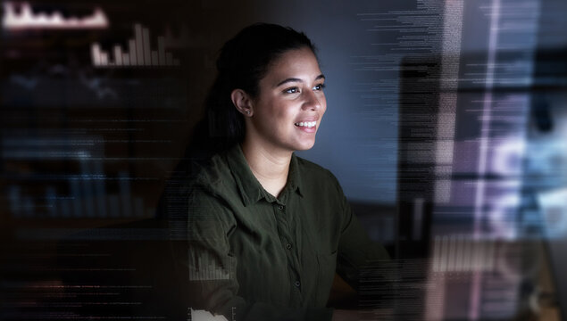 Smile, Hologram Screen And Woman On Computer In Office For Finance Analysis, Fintech And Online Data At Night. Technology Overlay, Happy And Female Worker On Pc For Research, Networking And Analytics