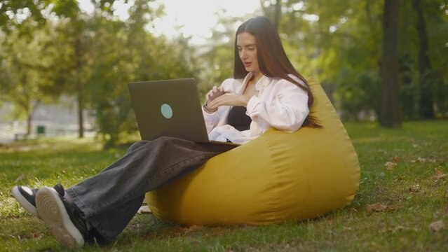 Young woman sit in park on beanbag communicating by video call. Girl speaking looking at laptop computer, online conference distance office chat, virtual training concept IT specialist working outdoor