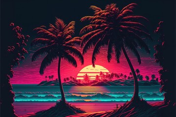 A tropical Beach at sunset in Synth wave Style