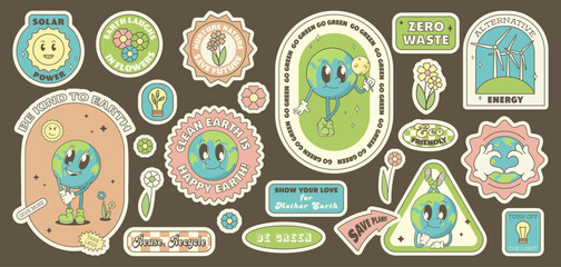 Save the planet stickers in trendy retro cartoon style. World Environment Day. Cute Earth character and mascot.