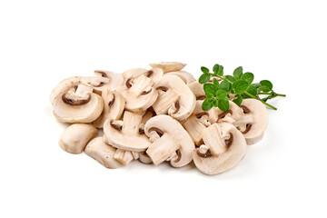 Sliced Champignons, close-up, isolated on white background.