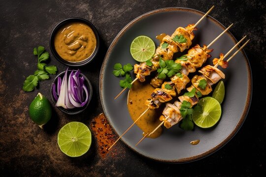 Top view of cooked chicken satay skewers with lime and peanut sauce. Thai cuisine of an Asian flavor. Generative AI