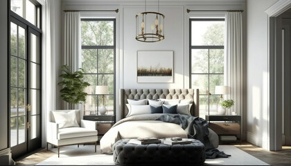 Luxuriate in this elegant modern bedroom, drenched in natural light from oversized French windows. Chic decor and comfortable furnishings make for a serene and relaxing ambiance, Generative AI.