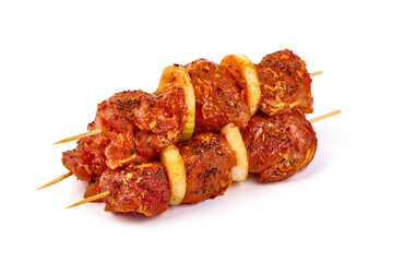 Pork kebab, ready to cook, BBQ, isolated on white background.