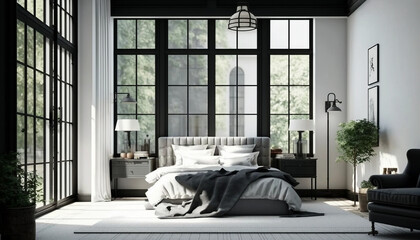 Relax in the Serene Ambiance of this Elegant Modern Bedroom with Oversized Windows, Generative AI.