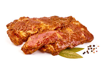 Spicy marinated ribs, BBQ, meat for grill, isolated on white background.