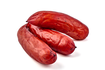 Smoked Pork sausages, close-up, isolated on white background.