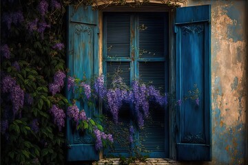 A window with blue shutters surrounded by purple flowers, AI generated