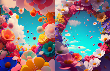 Blue sky surrounded by colorful flowers and butterflies. Isolated composition. Beautiful design for advertising, collection