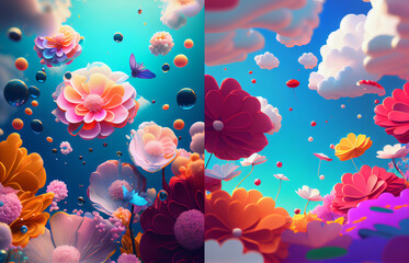 Blue sky surrounded by colorful flowers and butterflies. Isolated composition. Beautiful design for advertising, collection