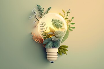 Minimalist image of a light bulb with beautiful plants inside to use as decoration on a colorful background. Generative AI