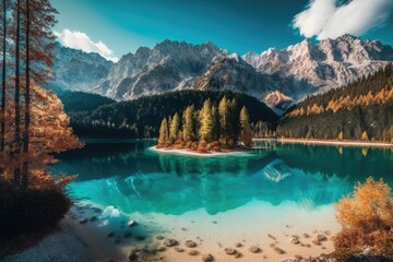 Naklejka na ściany i meble Beautiful autumn scenery with Eibsee Lake and the Zugspitze summit in the sunlight. Location Garmisch Partenkirchen, the Bavarian Alps, Germany, Europe, Eibsee Lake. Generative AI