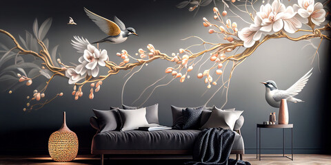 interior design long petals with long branches, Birds and floral pattern with frangipani buds, on a gray background