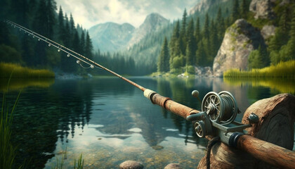 fishing rod on the background of the lake. Generative AI