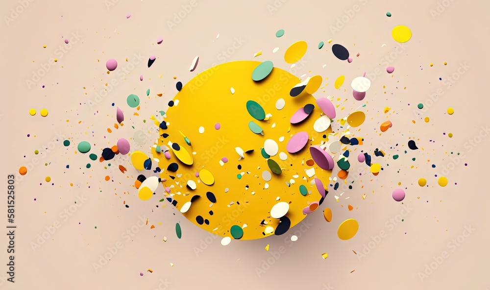 Poster a yellow object with confetti on a pink surface with confetti scattered around it and a pink backgro
