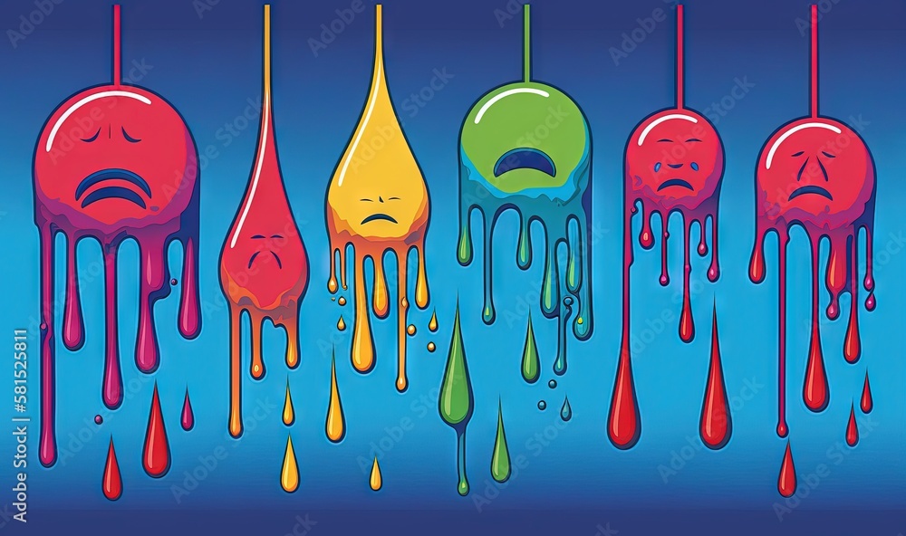 Poster  a group of different colored drops of paint with faces drawn on them and a sad face drawn on the bottom of the drops of paint.  generative ai