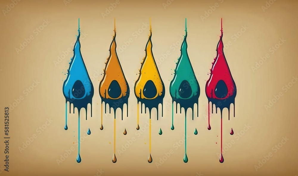 Poster a group of colorful drops of paint on a brown background with a brown background and a brown backgro