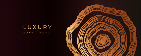 Luxury golden background with wood annual rings texture. Banner with shiny tree ring pattern. Stamp of tree trunk in section. Natural wooden concentric circles. Black and bronze gold background © Morena