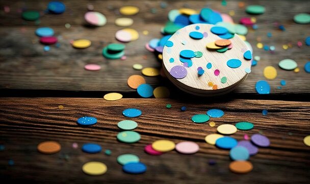  a wooden box filled with confetti on top of a wooden table with confetti scattered around it and on top of a wooden table.  generative ai