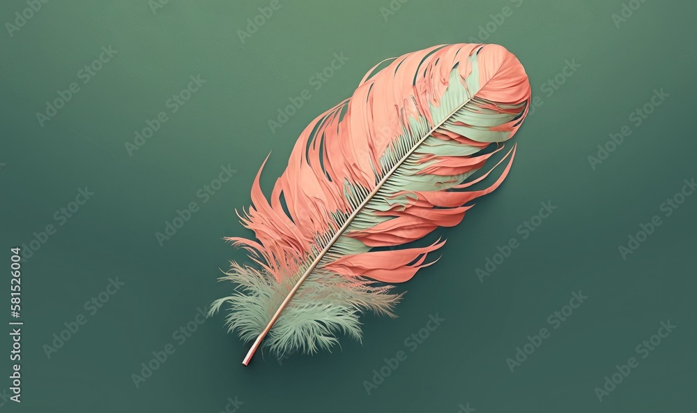 Aufkleber a pink and green feather on a green background with a shadow of the feather on the left side of the 
