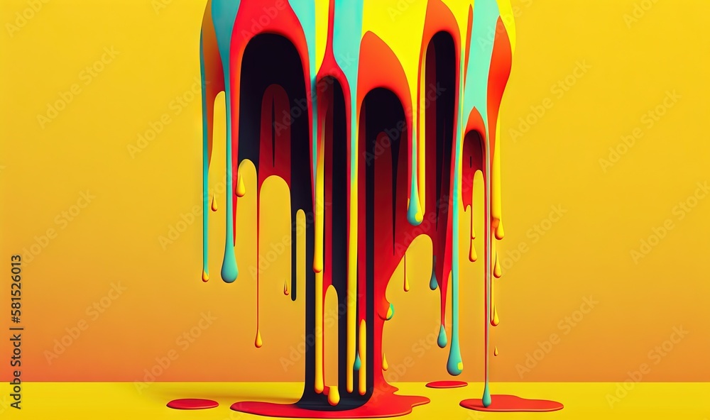 Poster a group of dripping paint on top of a yellow background with a yellow background and a red and blue 