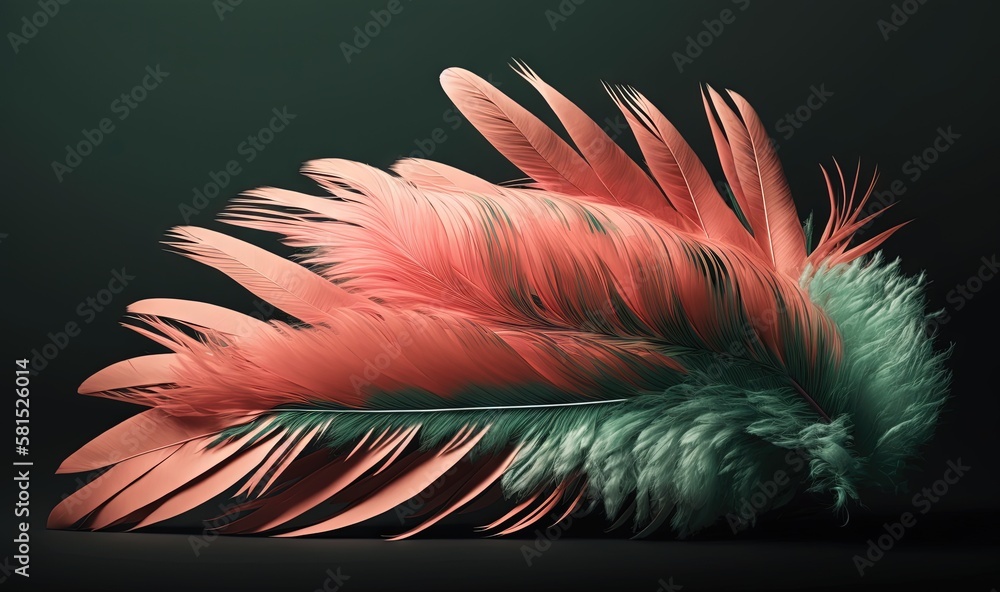 Poster  a feathered object is shown on a black background with a green and pink feather on it's tip and a red and green feather on the tip.  generative ai